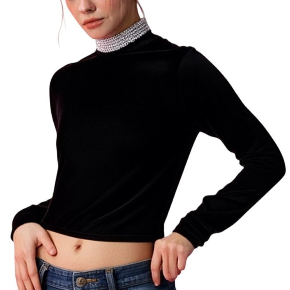 Flying Tomato Black Velvet Rhinestone Mock Neck Crop Top Blouse Size Small
